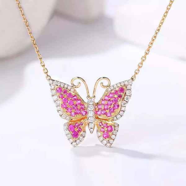 18K Yellow Gold Sapphire/Tsavorite/Pink Sapphire Insect Pendant Necklace for Women