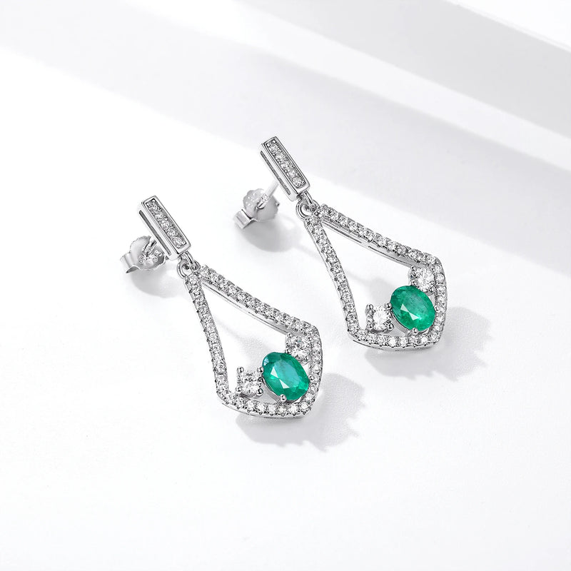 925 Sterling Silver Natural Emerald cz Triangle Dangling Earrings for Women