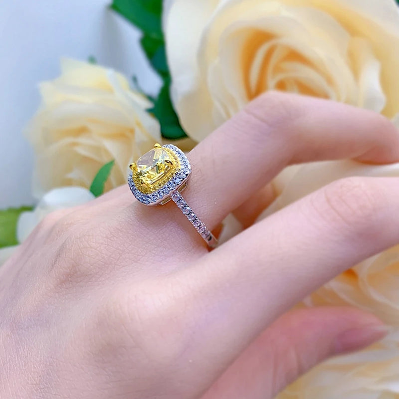 925 Sterling Silver 3CT Cushion Cut Yellow Sapphire and Moissanite Ring for Women