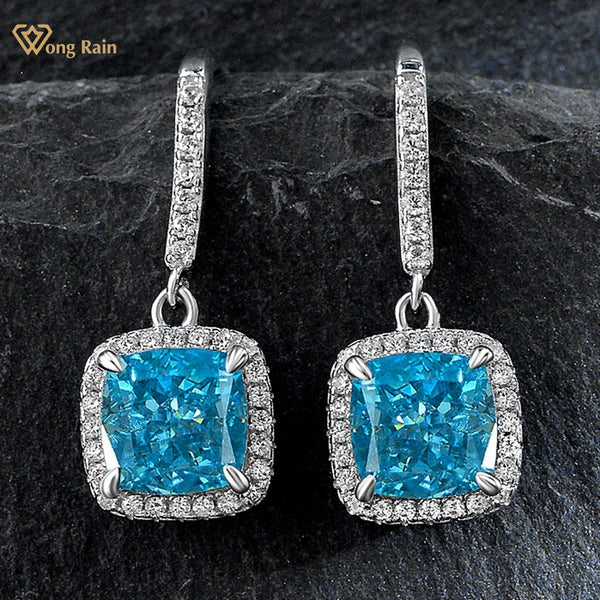 Wong Rain 925 Sterling Silver Crushed Ice Cut 2CT Lab Sapphire Aquamarine High Carbon Diamonds Gems Drop Dangle Earrings Jewelry