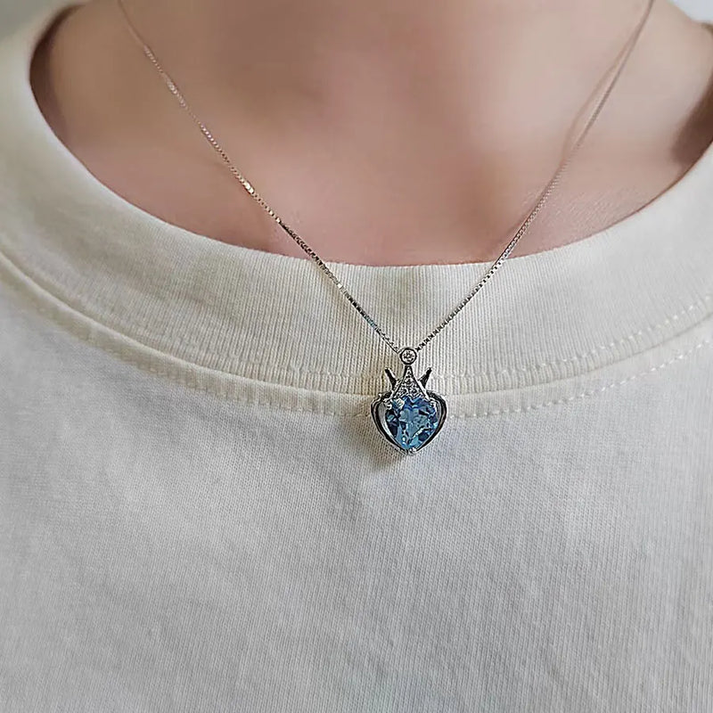 Sterling Silver Blue Topaz Heart Pendant Necklace for Women