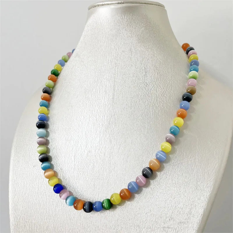 Sterling Silver Colorful Cat Eye Gemstone Necklace for Women