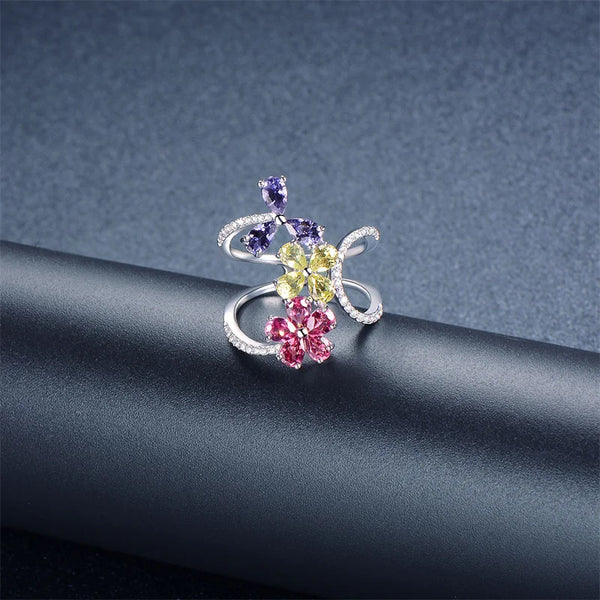 925 Sterling Silver Natural Garnet & Peridot Multi Gemstone Flower Ring for Women