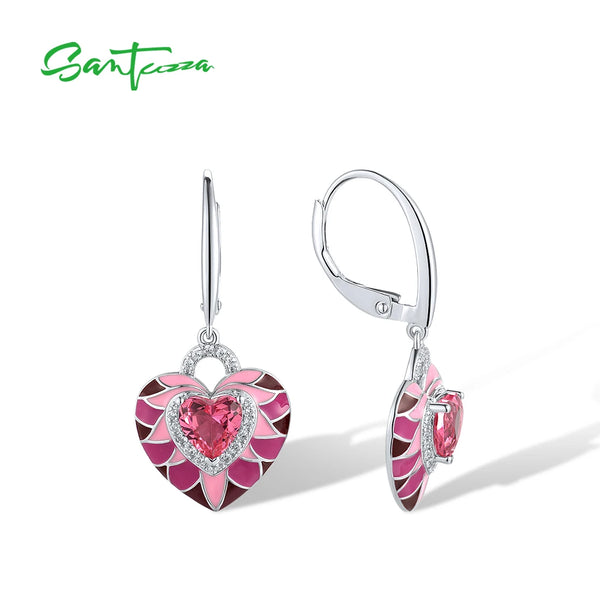 Sterling Silver Dangling Earrings with Pink Stone