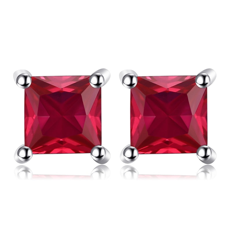 Sterling Silver Square Blue Topaz Amethyst Citrine Garnet Created Sapphire Ruby Emerald Stud Earrings for Women