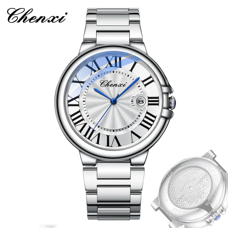 Stainless Steel Silver Waterproof Luminous Quartz Calendar Watch for Men