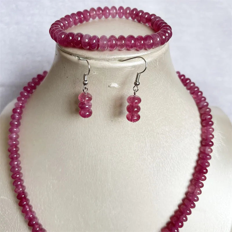 Sterling Silver Oval Pink Red Rubellite Jewelry Set with Necklace, Earrings, Bracelet and Choker for Women