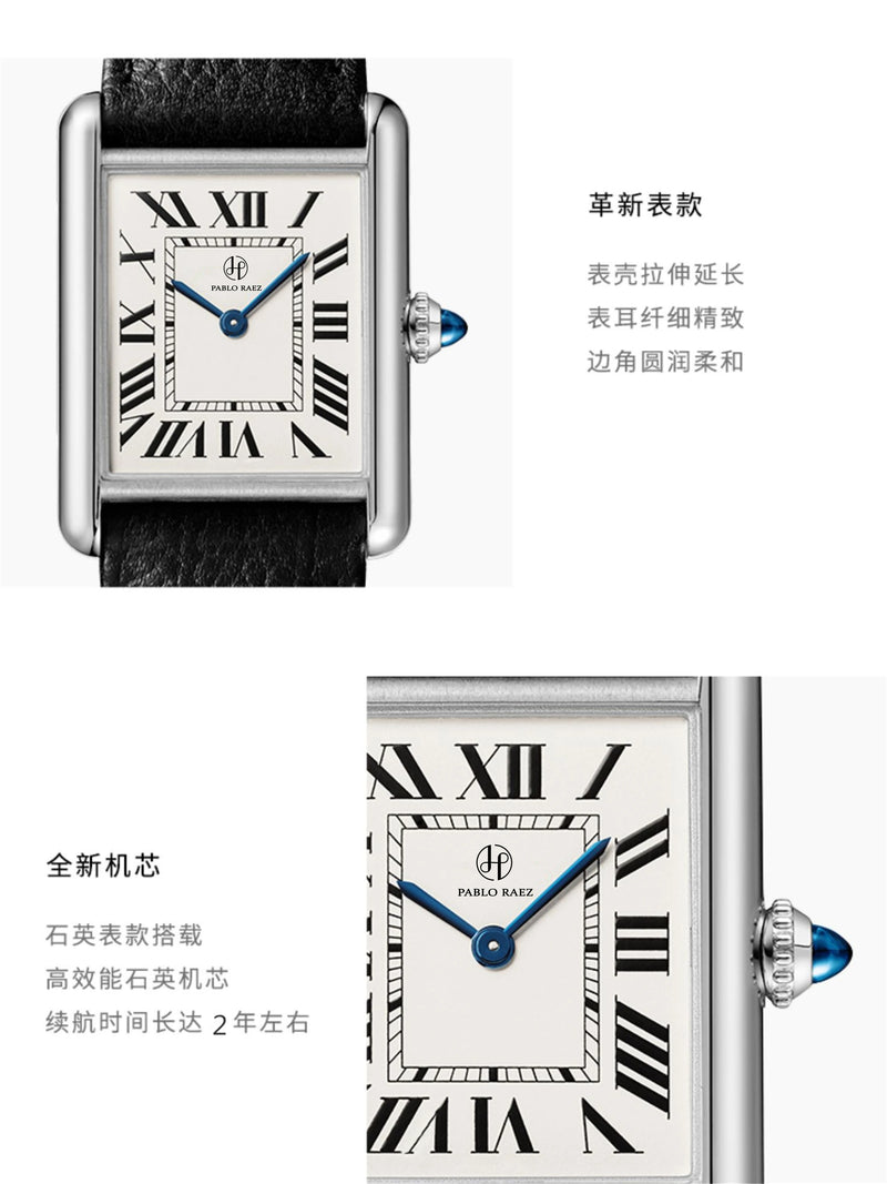 Luxury Square Stainless Steel Watch with Blue Hands & Thin Dial for Women