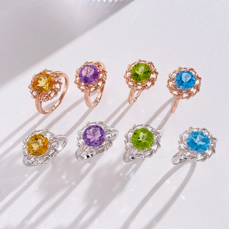 925 Sterling Silver Floral 9MM Gemstone Ring Set for Women