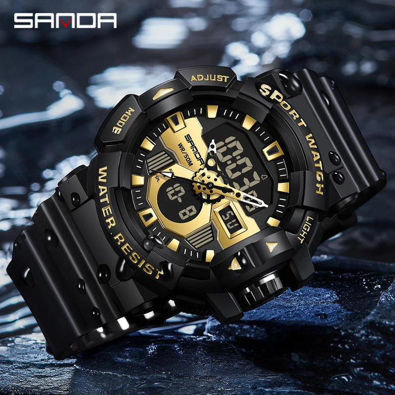 Stainless Steel Yellow Blue Quartz Dual Display Sport Watch for Men