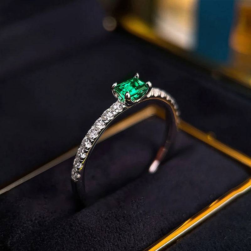 Sterling Silver Emerald Diamond Baguette Rings for Ladies