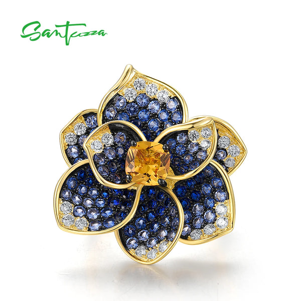 925 Sterling Silver Blue Spinel Yellow Crystal Flower Ring for Women