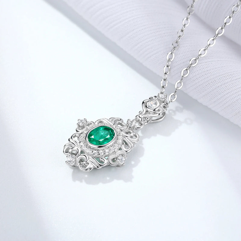 925 Sterling Silver Natural Emerald Pendant Necklace for Women