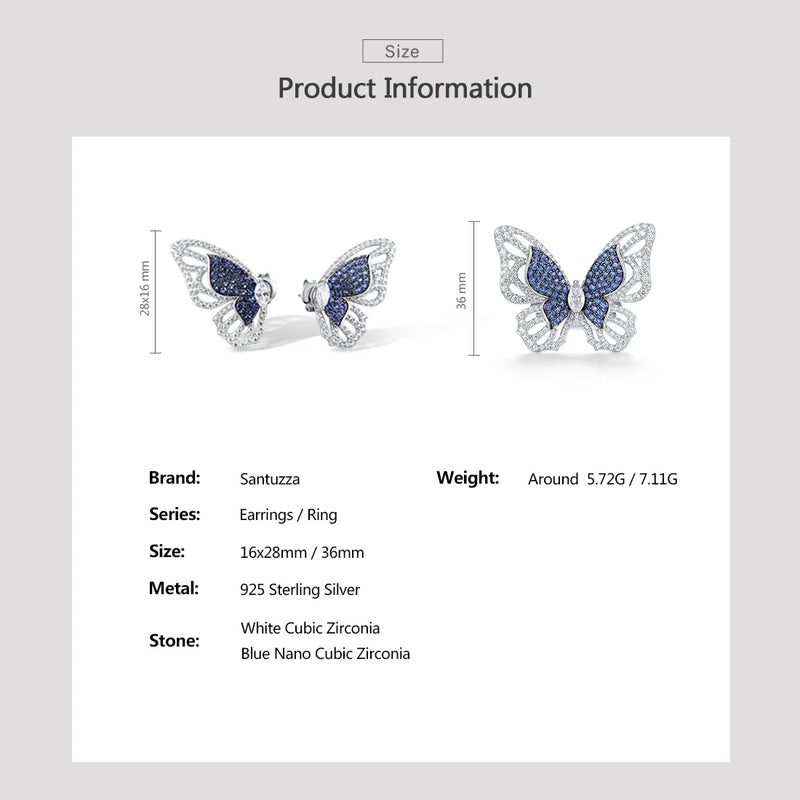 Sterling Silver Blue Nano/White CZ Butterfly Earrings and Ring Set for Women