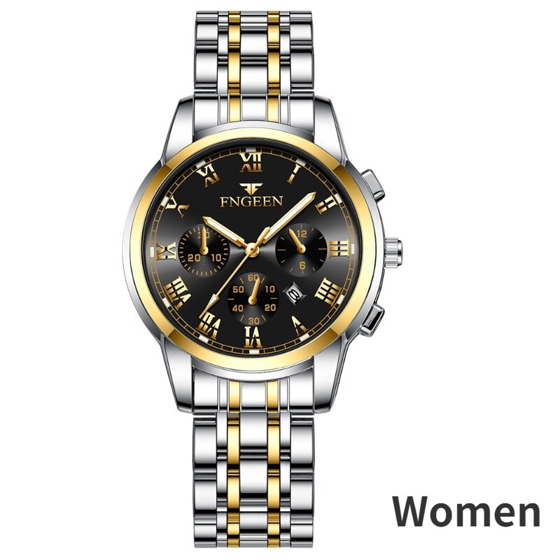 Stainless Steel Black Luminous Calendar Date Watch with three eyes and six pins for Men and Women