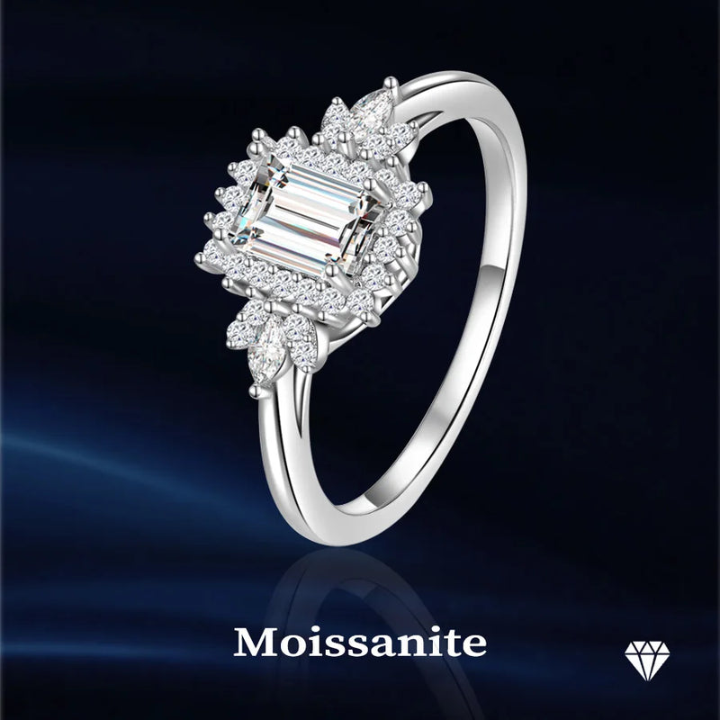 Sterling Silver Moissanite Emerald Cut Flower Engagement Wedding Ring. for Women.