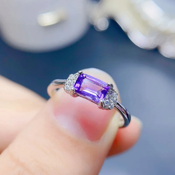 925 Silver Natural Amethyst Square Ring (4x6mm), for Women