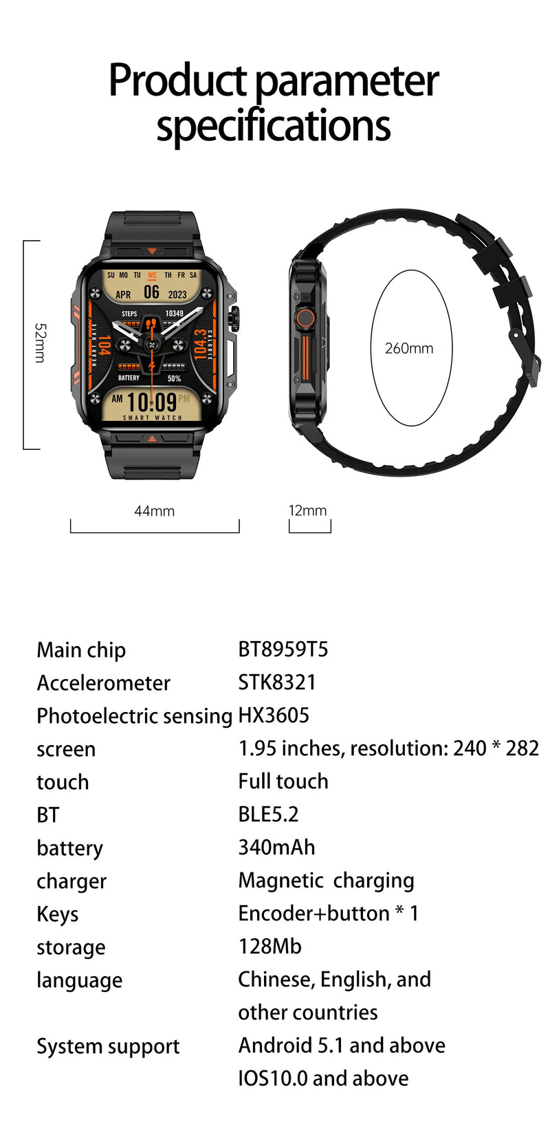 Smartwatch with 1.95 Inch Screen, Health Monitoring, IP68 Waterproof, Suitable for Men and Women