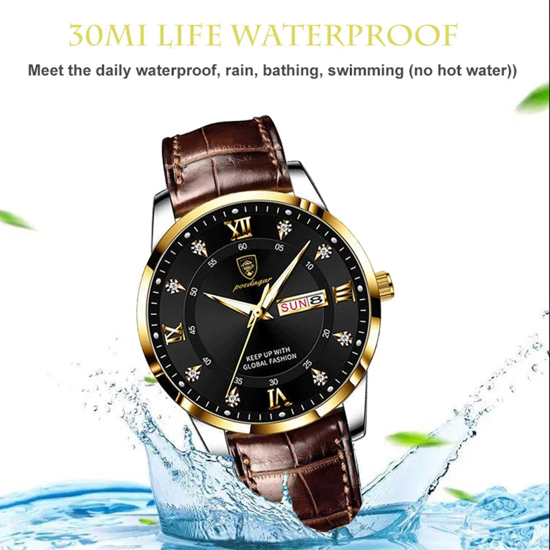 Stainless Steel Leather Waterproof Luminous Quartz Watch for Men