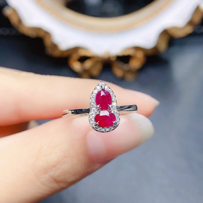 Sterling Silver Natural Ruby Gourd Shaped Ring for Women