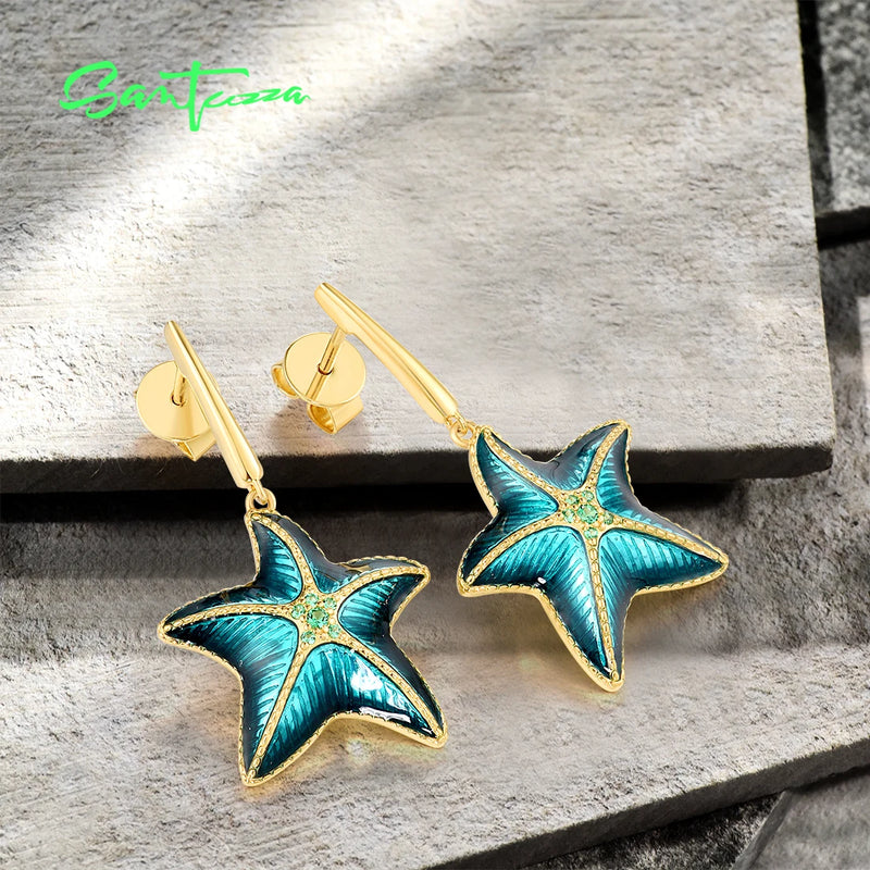 925 Sterling Silver Green Spinel Enamel Starfish Stud Earrings for Women