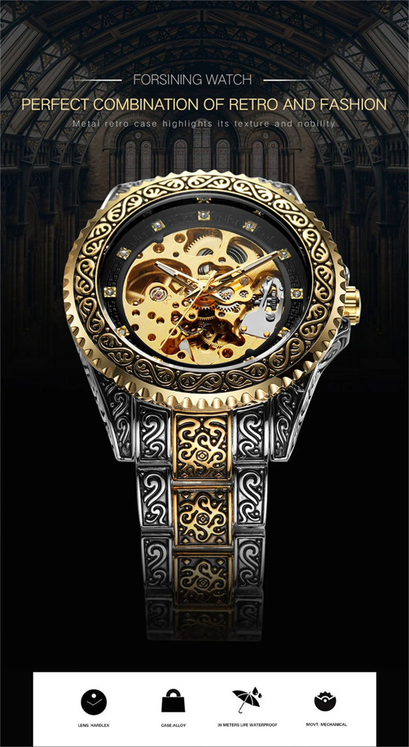 Stainless Steel Gold Automatic Mechanical Watch for Men