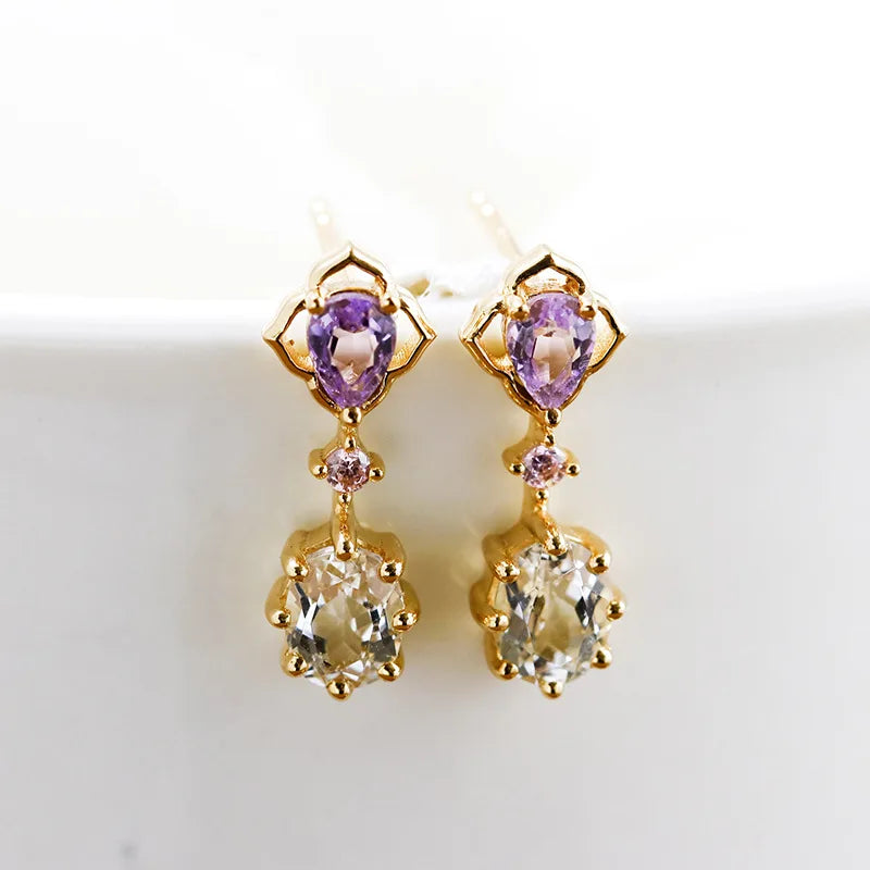 925 Sterling Silver Natural Amethyst & Topaz Stud Earrings for Women