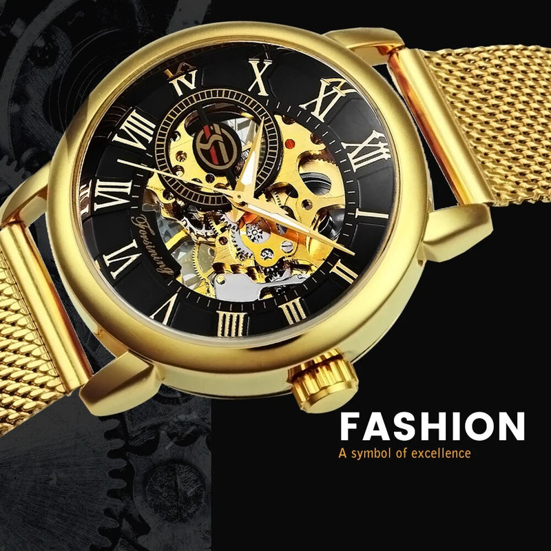 Stainless Steel Mesh Strap Automatic Mechanical Watch for Unisex