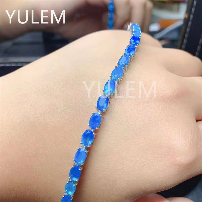 925 Sterling Silver Natural Sapphire/Opal Gemstone Bracelet for Women