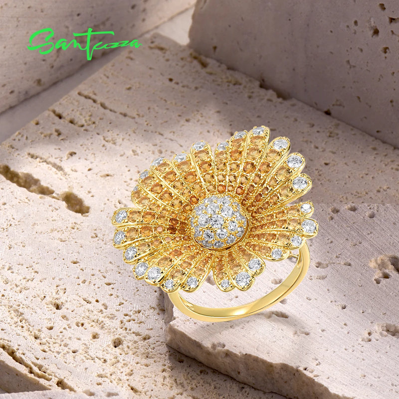 Sterling Silver Yellow Nano Crystal Sunflower Ring for Women