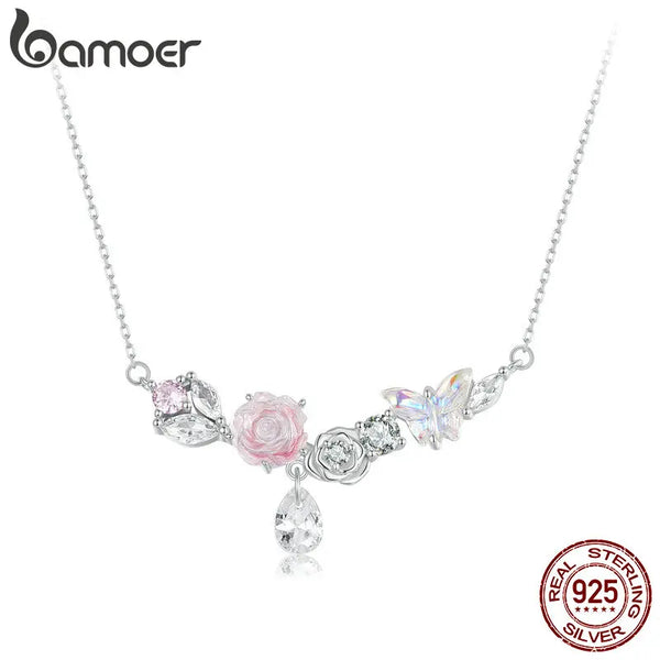 925 Sterling Silver Butterfly Flower Necklace for Women