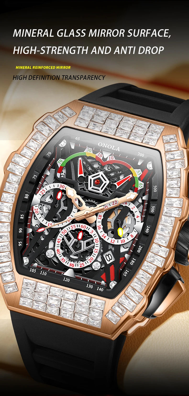 Stainless Steel Diamond Inlaid Automatic Mechanical Waterproof Watch for Men