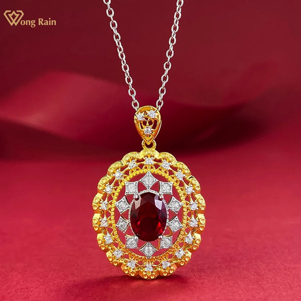 Wong Rain 18K Gold Plated 925 Sterling Silver 6*8 MM Oval Ruby High Carbon Diamond Gemstone Pendant Necklace for Women Jewelry