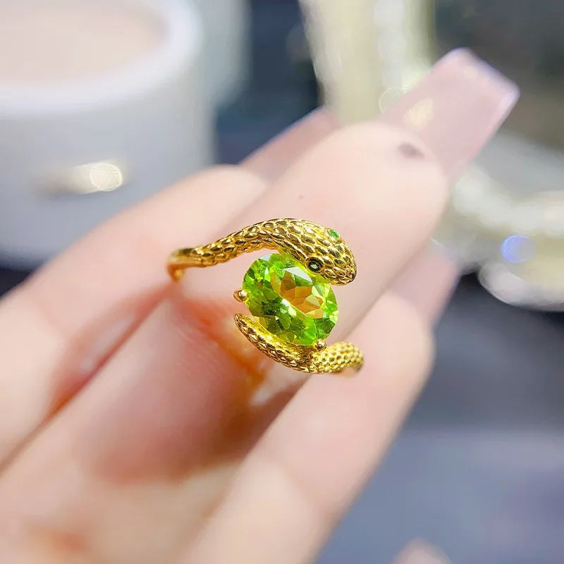 925 Sterling Silver Peridot Snake Ring for Women