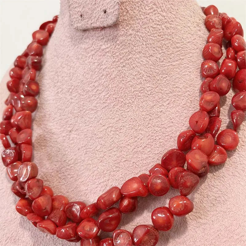 Gold Vermeil Red Coral Necklace with 3 Irregular Layers, Geometric Design for Women