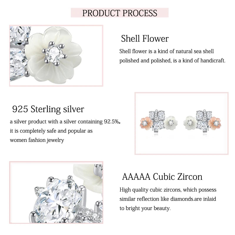 Sterling Silver White Pink Flower Zircon Earrings for Women