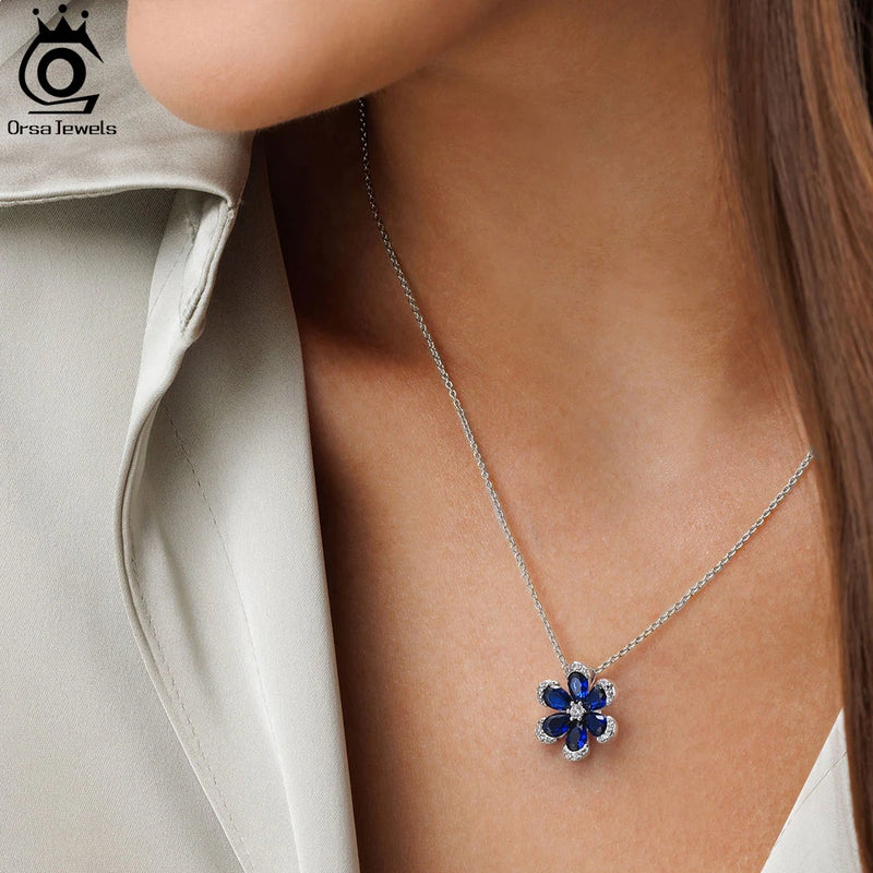 925 Sterling Silver Created Sapphire Flower Necklace for Women