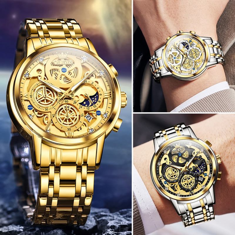 Gold Skeleton Quartz Watch for Men