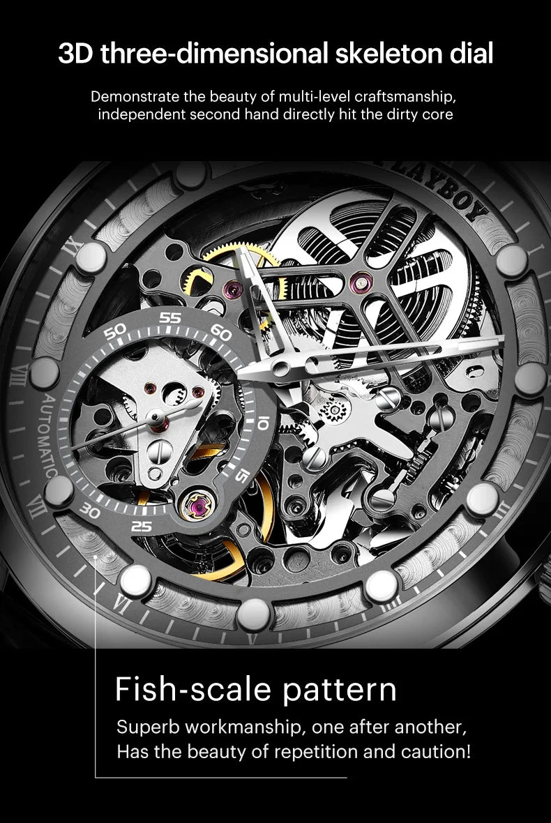 Stainless Steel Leather Strap Skeleton Automatic Mechanical Watch for Men