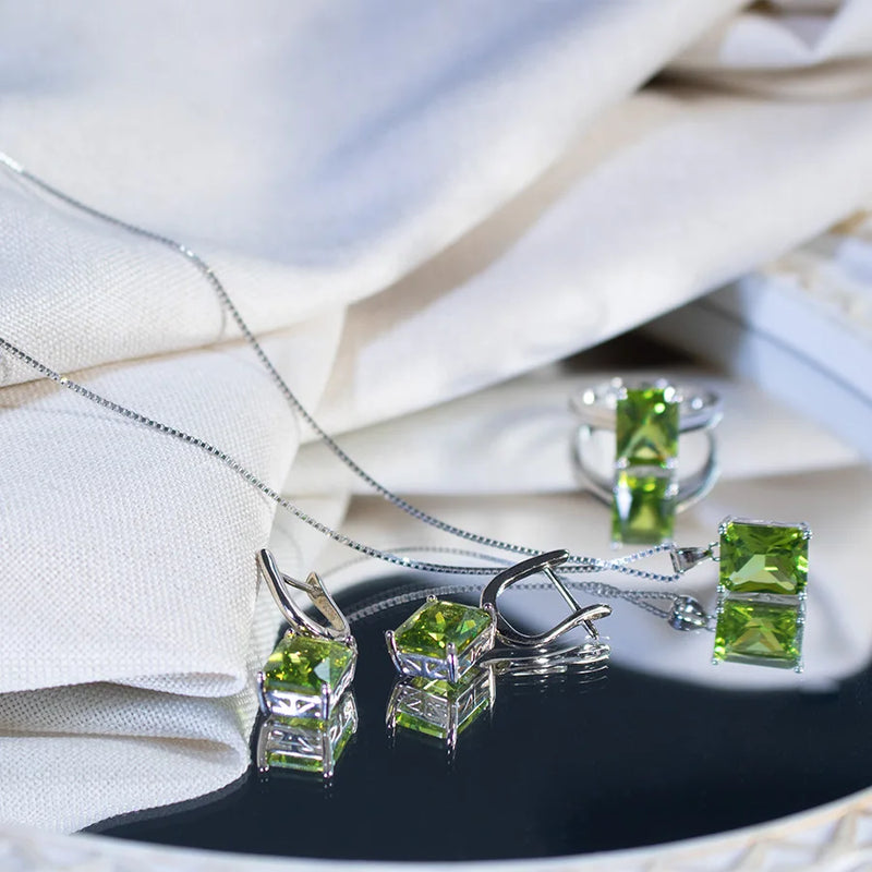 Sterling Silver Peridot Earrings Pendant Ring Set for Her