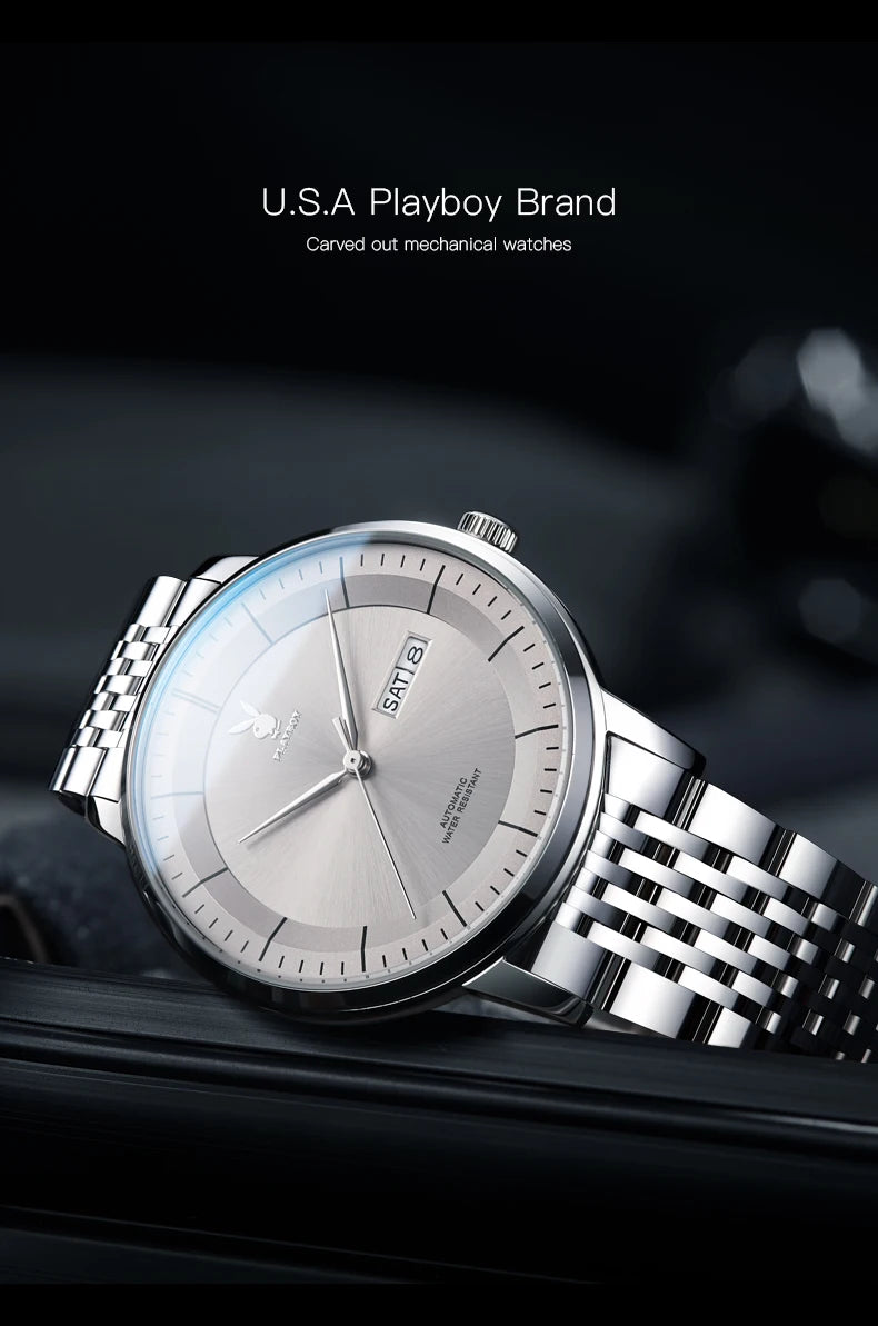 Stainless Steel Simple Automatic Mechanical Watch with Calendar for Men