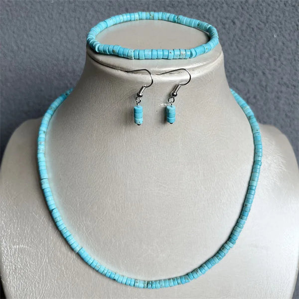 Sterling Silver Heishi Blue Turquoise Jewelry Set for Women