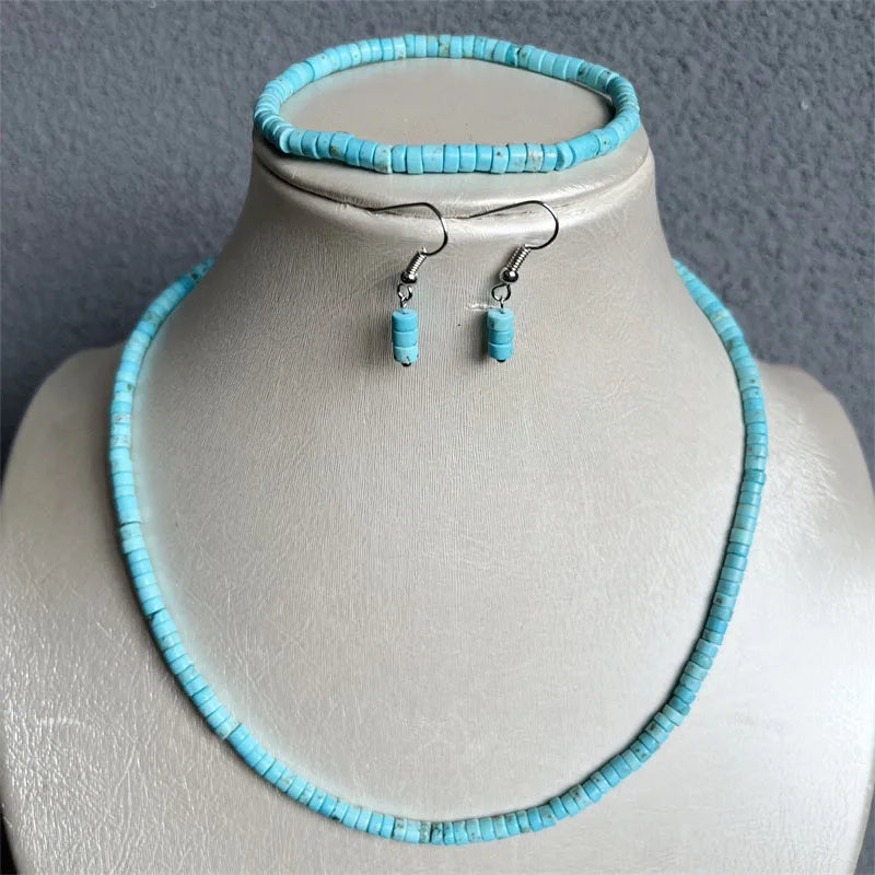 Sterling Silver Heishi Blue Turquoise Jewelry Set for Women