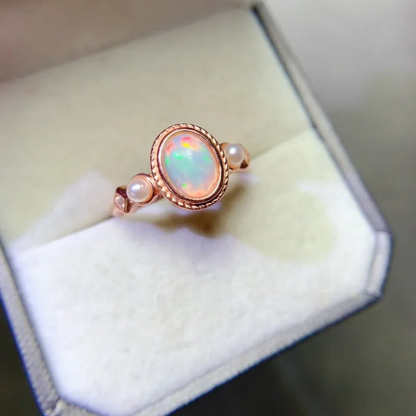 Silver Natural Opal Engagement Ring, 6x8mm, for Her