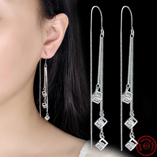 925 Sterling Silver Square Crystal Drop Earrings for Women