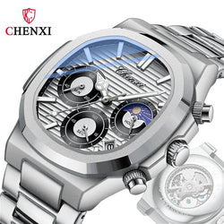 Stainless Steel Quartz Moon Phase Chronograph Watch for Men