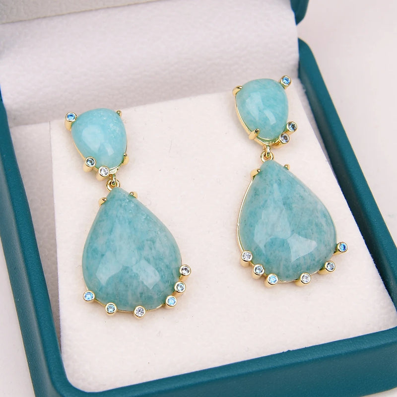 Gold Plated Amazonite Teardrop Dangle Earrings for Women