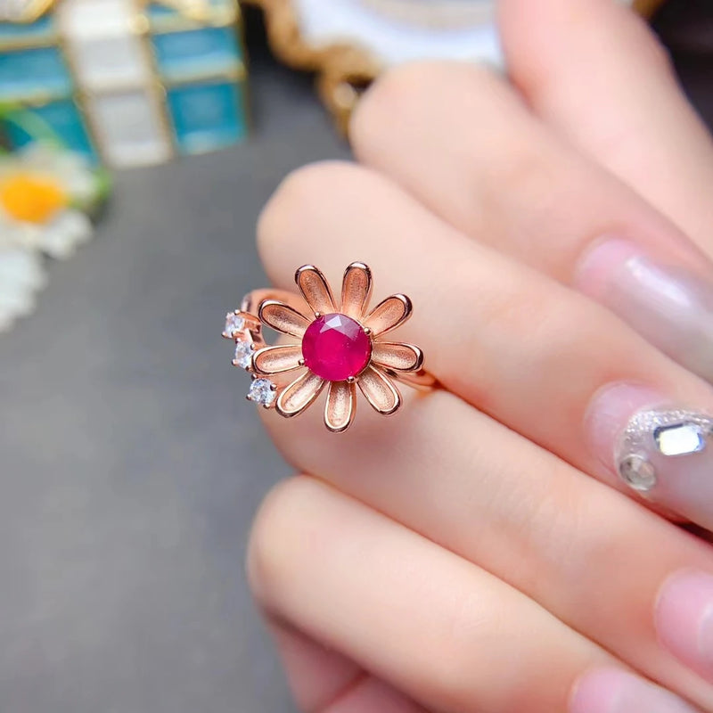 925 Sterling Silver Natural Ruby Flower Ring for Women