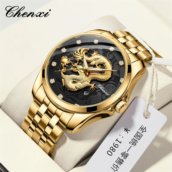 Stainless Steel Dragon Totem Embossed Wrist Watch for Men