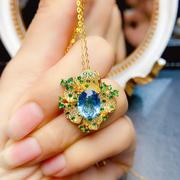 S925 Sterling Silver 8*10 Natural Topaz Flower Pendant Necklace for Women